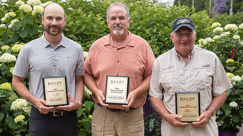 Bailey Nurseries 2024 Award Recipients, Loma Vista Nursery, Means Nursery, and Overdevest Nurseries.